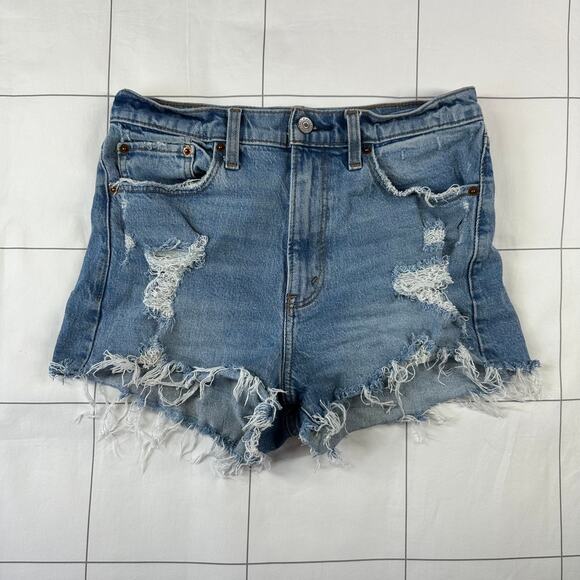 Abercrombie & Fitch Shorts Womens 27 Blue High Rise Mom Denim Distressed Raw Hem - Picture 1 of 11